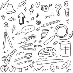 Hand-drawn school doodles and education icons, sketch elements for back-to-school designs, classroom posters, learning resources, teacher materials, student planners, study graphics