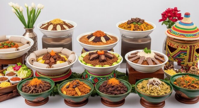 Delicious East African Food Buffet. Traditional Ethiopian and Eritrean Dishes. Vibrant Culinary Spread for Festive Events.