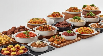 A grand display of diverse, flavorful gourmet meals arranged artfully on a white background, perfect for large gatherings or a rich culinary experience.