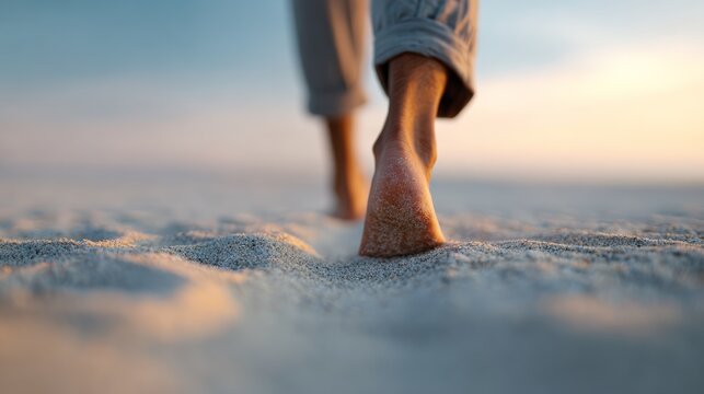 Close up of a woman's feet walking barefoot on soft, warm sand at sunset, embracing the tranquility of a peaceful summer vacation on the beach, surrounded by nature's beauty