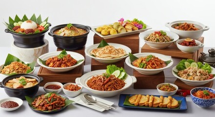 Abundant Asian Cuisine Buffet Display with Diverse Traditional Dishes, Perfect for Festive Gatherings and Culinary Celebrations