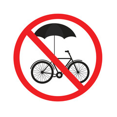 Silhouette of a bike with umbrella with forbidden red circle symbol