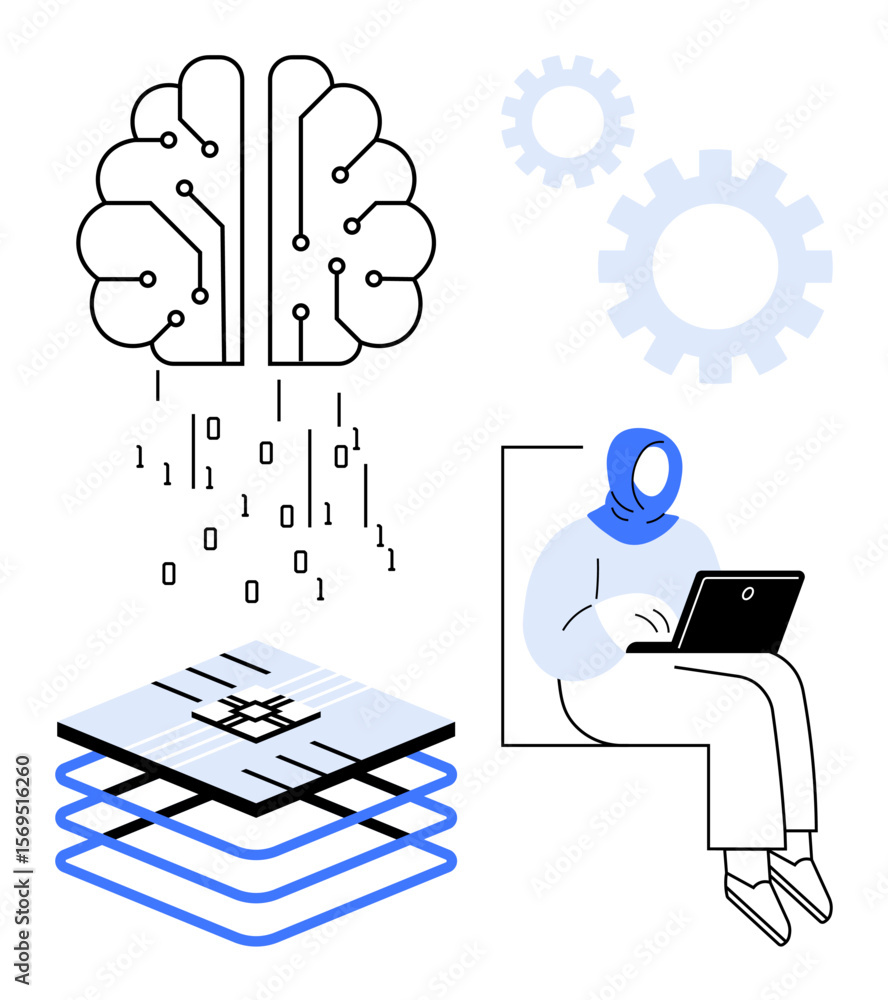 Poster brain with circuits, binary code, layered digital data, gears, and person working on a laptop. ideal