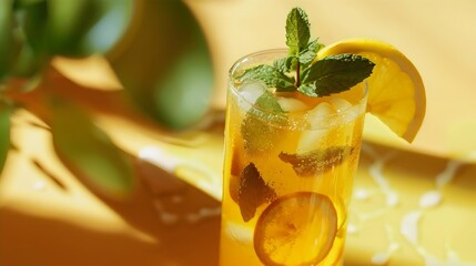 A glass of refreshing lemonade with lemon and mint sits in the bright sunlight