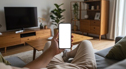 Photo of a man is sitting on the couch at home while holding a smartphone with a blank screen in his hand