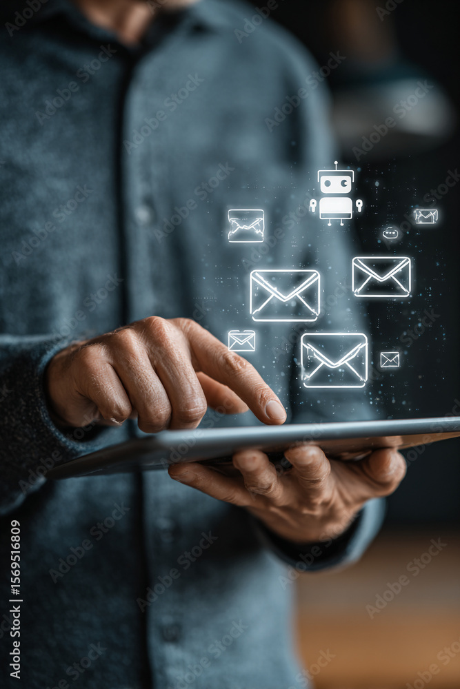 Poster person using tablet with email and robot icons floating above device