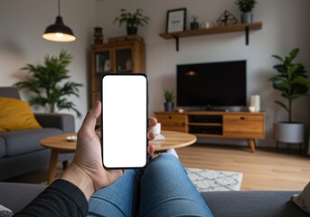 Photo of a man is relaxing on the couch at home while holding a smartphone with a blank screen