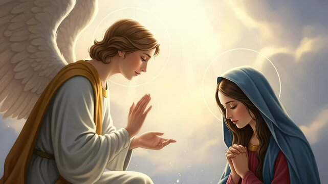  The Annunciation: Archangel Gabriel appearing to the Virgin Mary, delivering a divine message amidst radiant heavenly light, symbolizing faith and grace