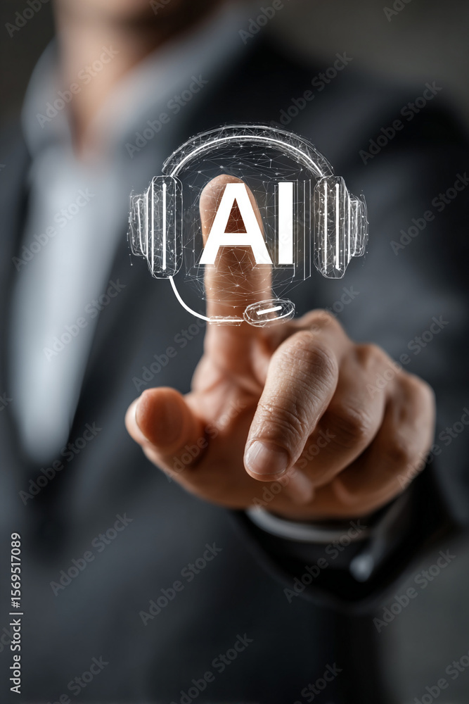 Poster man touching ai headset interface with finger on dark suit background