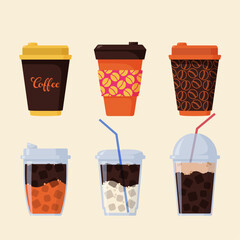 Set of disposable cups with coffee beverages. Ideal for menus, stickers, pins, icons, and other web and printed designs. Hand-drawn vector illustrations are isolated on a beige background