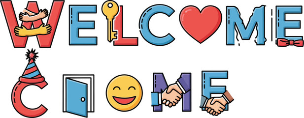 Welcome home text art with various icons and symbols in each letter