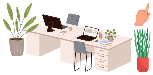 Workspace featuring laptops on desks, chairs, potted plants, notebooks, and decorative items. Ideal for workplace productivity, organization, remote work, creativity modern design business