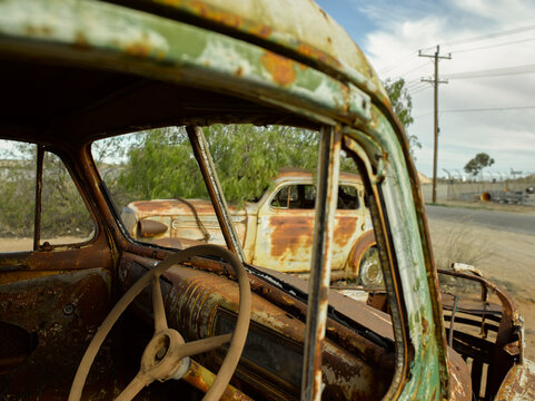 Interior of rusted out car