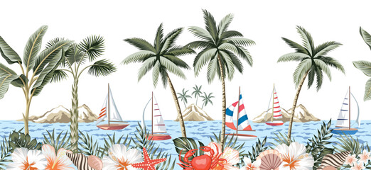 Sailboat, island, palm tree, hibiscus flower, tropical leaves, crab, starfish, shell, sea wave seamless border. Summer marine mural.