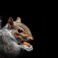 Obraz premium Squirrel holding nut against dark background