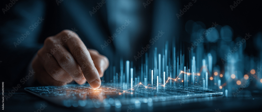 Poster person interacting with digital interface displaying data visualization