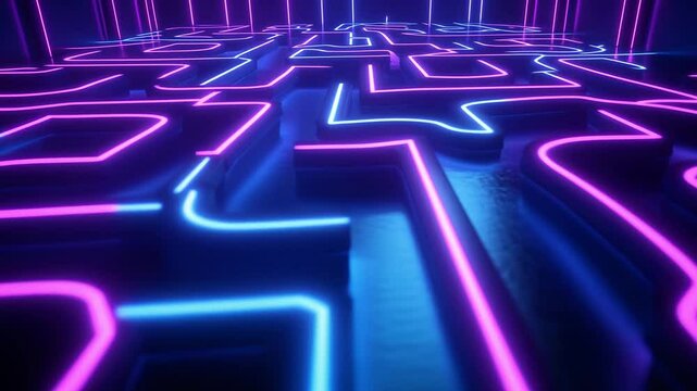 A neon maze features glowing pathways in a digital environment, showcasing vibrant pink and blue lights at night