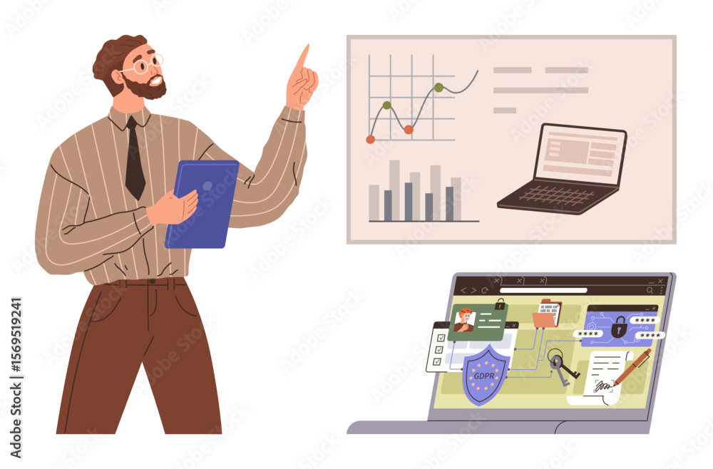 Aufkleber man holding a clipboard presenting charts and graphs, a laptop displaying data, and a screen highlig