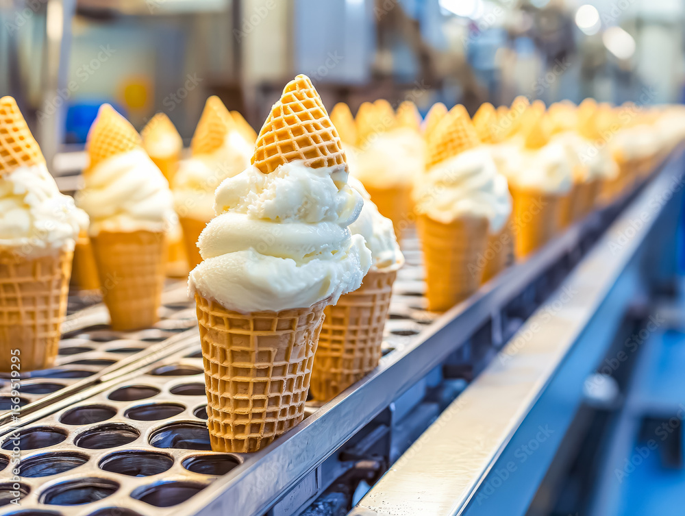 Poster row of ice cream cones are being made in a factory. the cones are all the same size and shape, and t