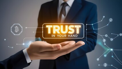 Trust in Your Hand – BLOCKCHAIN word hovering with glowing effect