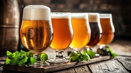 An appealing lineup of various craft beers in glasses positioned on a rustic wooden table, reflecting the rich diversity of flavors and styles in the world of artisanal brewing.