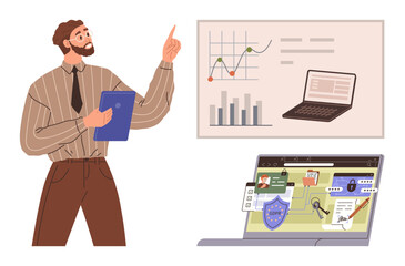Man holding a clipboard presenting charts and graphs, a laptop displaying data, and a screen highlighting cybersecurity. Ideal for analytics, presentation, technology, business, security, education