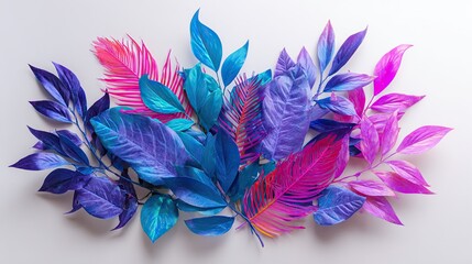 Vibrant neon tropical leaves in a flat lay, radiating bold energy and modern tropical vibes