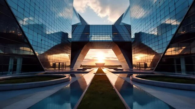 Slow motion footage of architectural symmetry focusing on reflective glass geometric structure lines and sun reflections acro