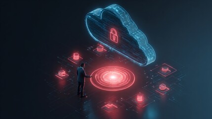 Futuristic Cloud Security Interface Operated by Businessman