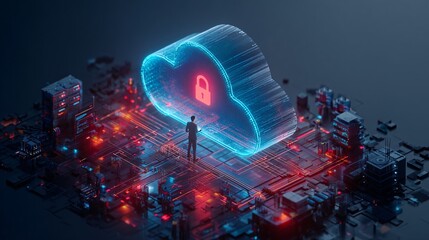 Futuristic Cloud Security Interface Operated by Businessman
