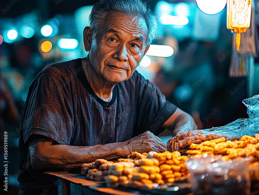 Poster man is sitting at a table with a variety of food items. he is looking at the camera