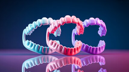 Colorful 3d mouth guards for teeth protection on glossy surface
