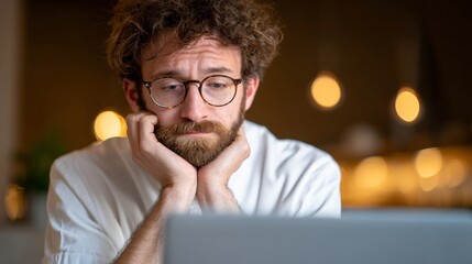 Frustrated business professional slumping over laptop, displaying mental exhaustion from prolonged remote working, representing workplace stress and burnout syndrome