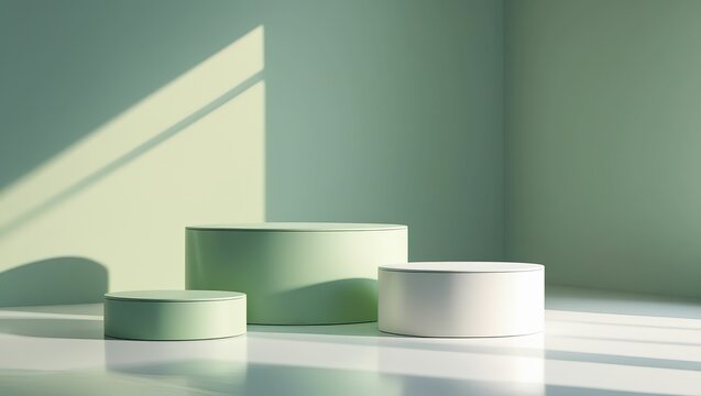 Three minimalist cylindrical podiums with soft shadows and natural light - Powered by Adobe