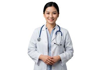 Smiling asian woman doctor in white coat with stethoscope, isolated on transparent background, representing healthcare and medical expertise