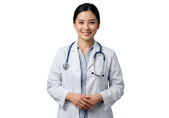 Smiling asian woman doctor in white coat with stethoscope, isolated on transparent background, representing healthcare and medical expertise