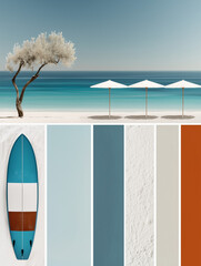 Turquoise and Orange Coastal Collage with Text Space. Minimal Coastal Palette: Surfboard, Umbrellas and Ocean. 