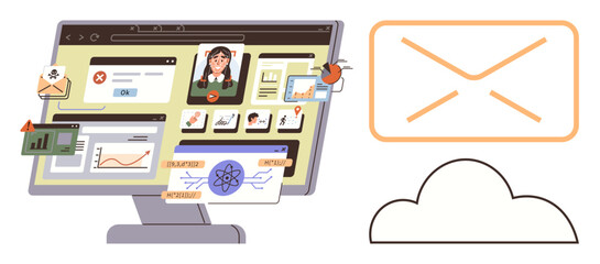 Desktop with multiple screens showing data breaches, files, graphs, and email alerts plus cloud storage and antivirus bug. Ideal for cybersecurity, online safety, threat detection, data management