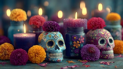 Colorful sugar skulls adorned with flowers and candles evoke the lively spirit of Dia de los Muertos, a Mexican tradition honoring ancestors. Perfect for showcasing rich cultural festival