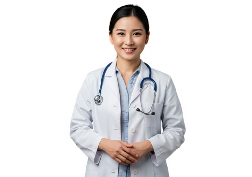 Smiling asian woman doctor in white coat with stethoscope, isolated on transparent background, representing healthcare and medical expertise - Powered by Adobe