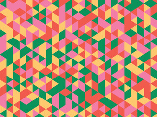 Seamless geometric pattern featuring colorful abstract triangles, squares, and mosaic elements, ideal for modern vector wallpaper or fabric design