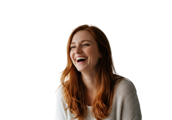 A happy redhead woman is laughing with joy isolated on transparent background