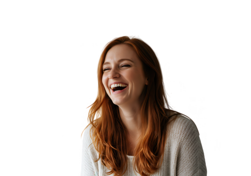 A happy redhead woman is laughing with joy isolated on transparent background