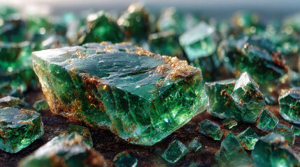 Close-up of rough green emerald crystals scattered on a surface, showcasing detailed textures and glimmering facets