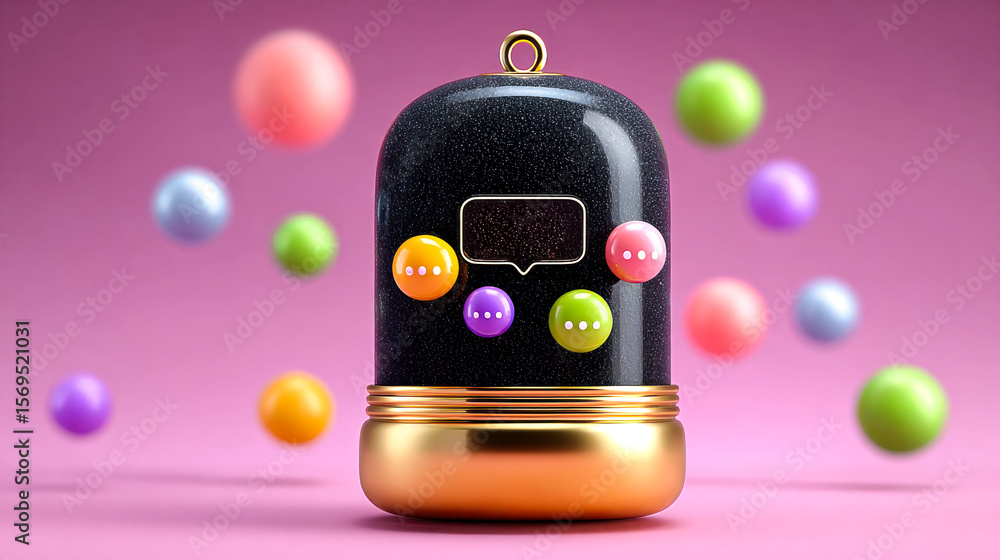 Poster a playful, futuristic capsule with colorful chat bubble icons floating around it, set against a soft