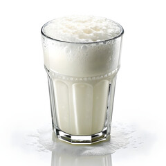 Photo of a tall glass of frothy milk stands isolated on white background