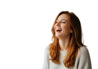 A happy redhead woman is laughing with joy isolated on transparent background