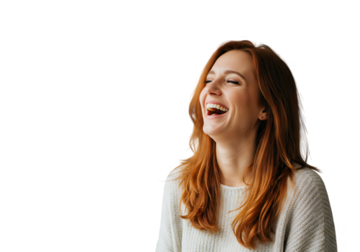 A happy redhead woman is laughing with joy isolated on transparent background