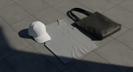 Apparel mockup on gray background featuring baseball cap tote bag and t shirt