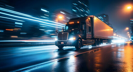 Semi-truck speeding on wet highway at night with city light streaks


